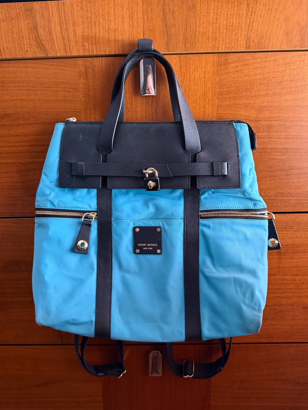 henri bendel Turquoise Nylon Backpack with Black Leather Trim